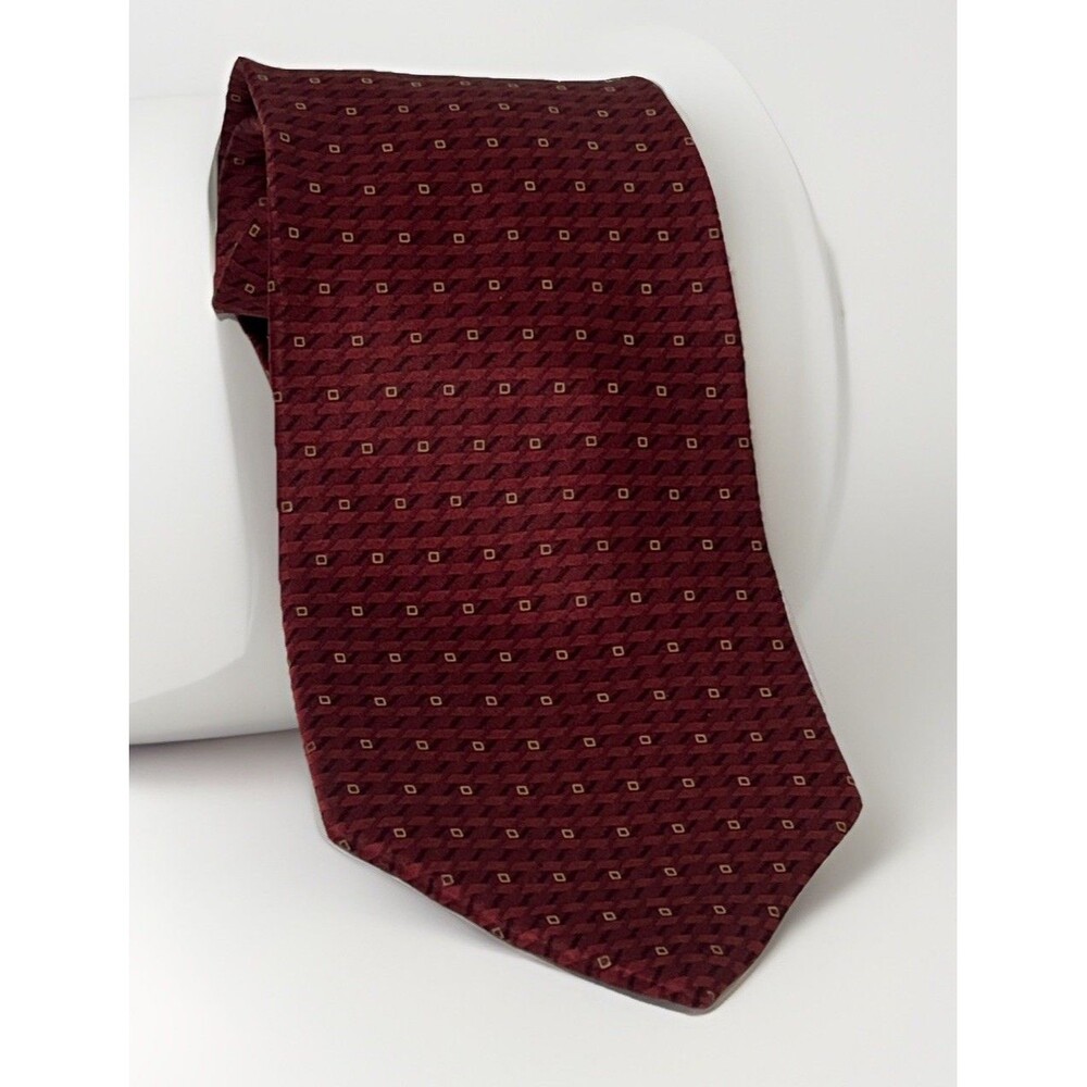 SAVILLE ROW MENS TIE BURGUNDY AND RED Gold Squares 4 X 61” 100% Silk Made USA